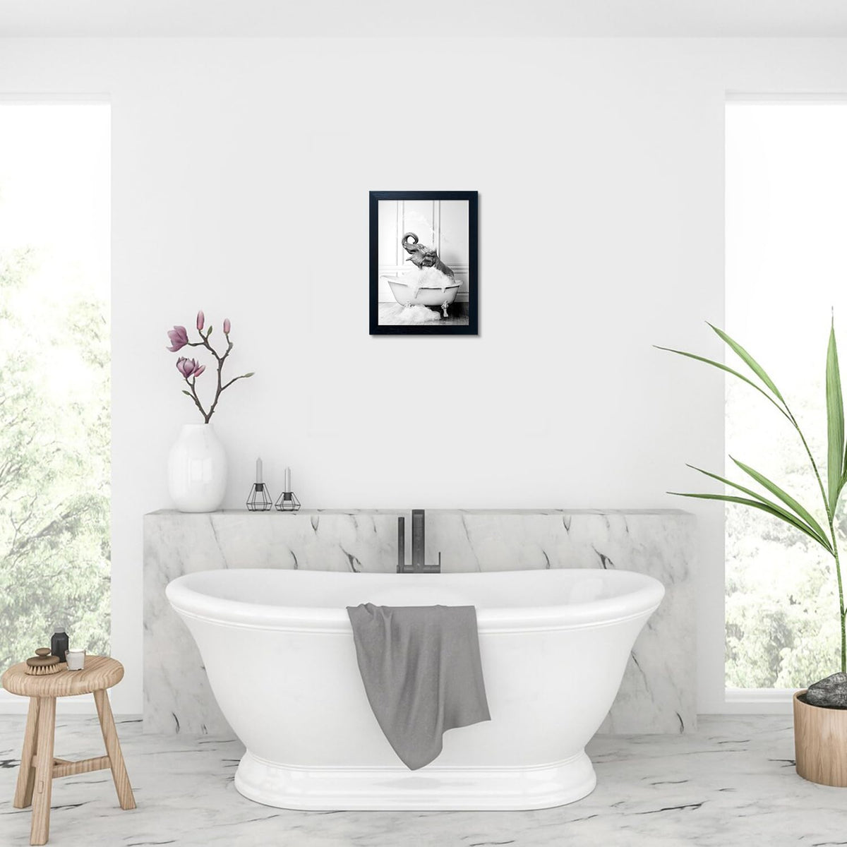 Framed Bathroom Decor Wall Art Elephant in Bathtub Pictures Wall Decor Funny Black and White Animal Canvas Print Artworks for Bathroom
