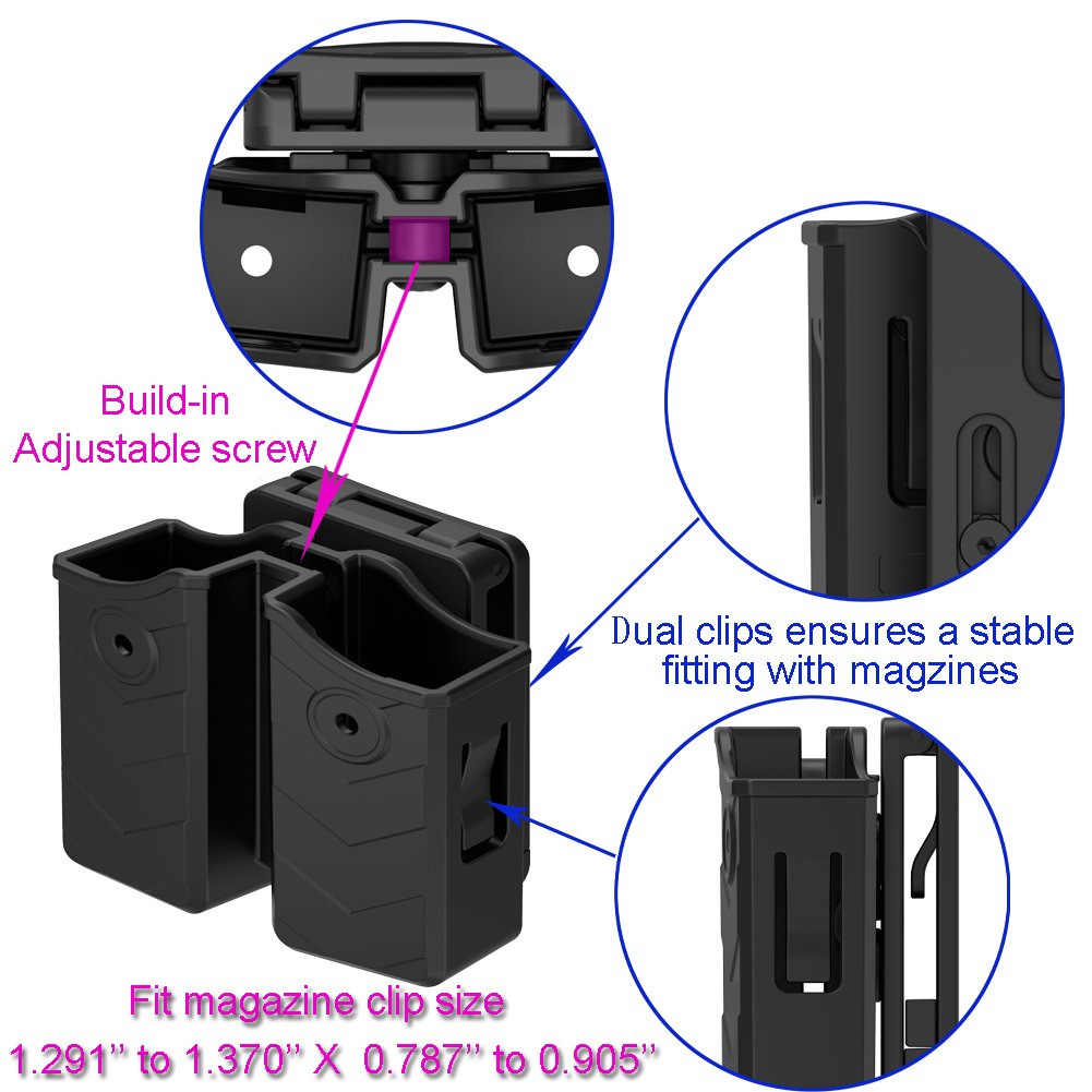 Universal Double Magazine Pouch, 9mm .40 Double Stack Mag. Holder Dual Holster with 1.5''-2'' Belt Clip for Glock Sig sauer S&W Beretta Browning Taurus H&K Most Pistol Mags