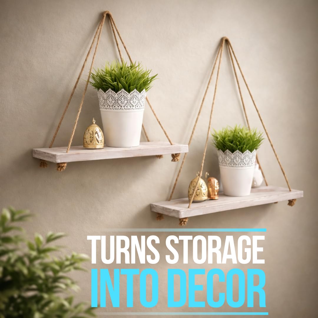 Comfify Hanging Shelves for Wall - Set of 2 – Rustic Farmhouse Boho Shelves with String – 17”x5.2” – Thick Distressed, Torched Look Real Wood - Rustic White