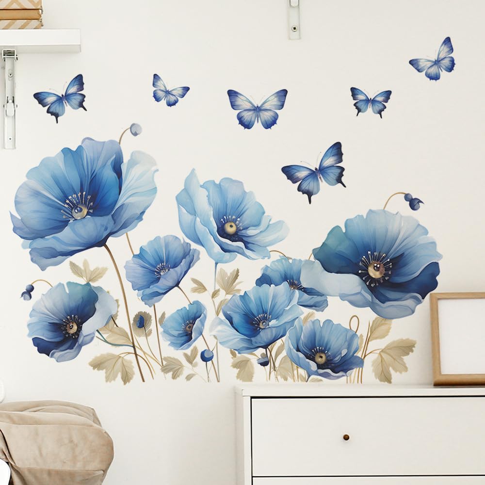 iMagitek Blue Flower Wall Decals Peel and Sticker DIY Floral Butterly Wall Stcikers Murals for Girls Bedroom, Living Room, Kids Room Wall Decor