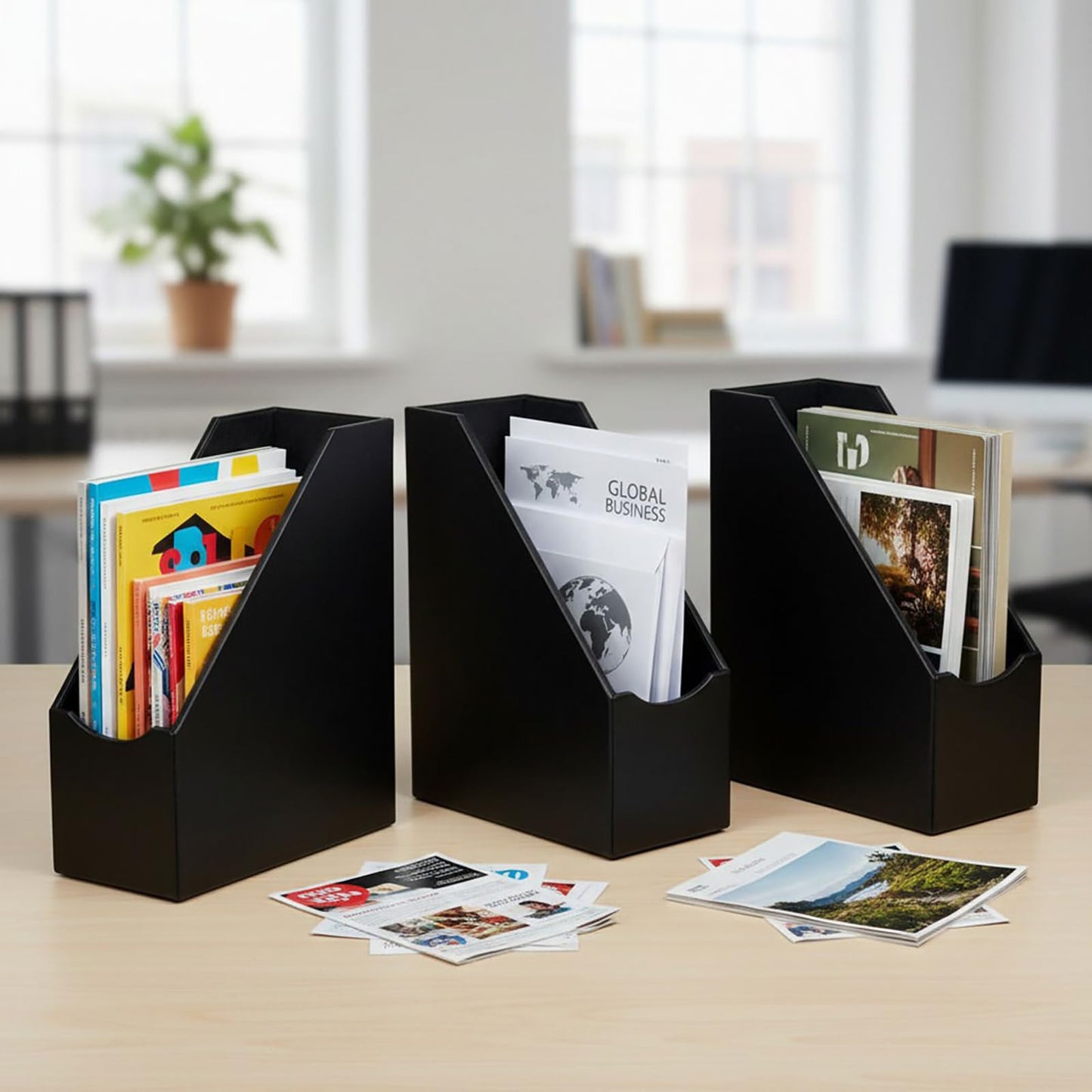 UnionBasic Magazine File Holder, Leatherette Desktop Document Organizer, Home Office Paper Holder File Storage Literature Sorter, Black