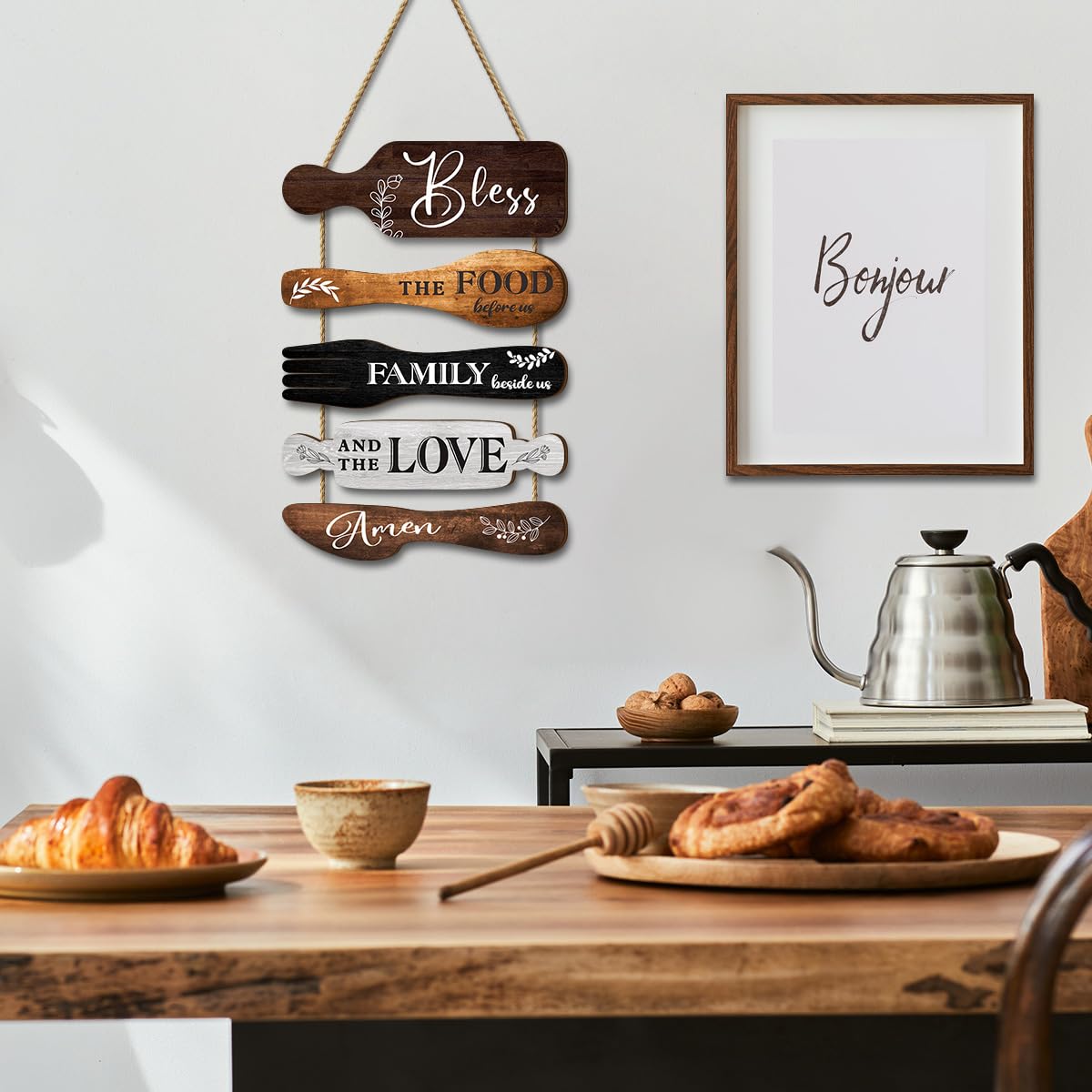 Dazzlewall 5Pcs Kitchen Wall Decor, Bless the Food Cookware Shaped Hanging Signs for Farmhouse Kitchen Rustic Wooden Plaques for Country Dinning Room