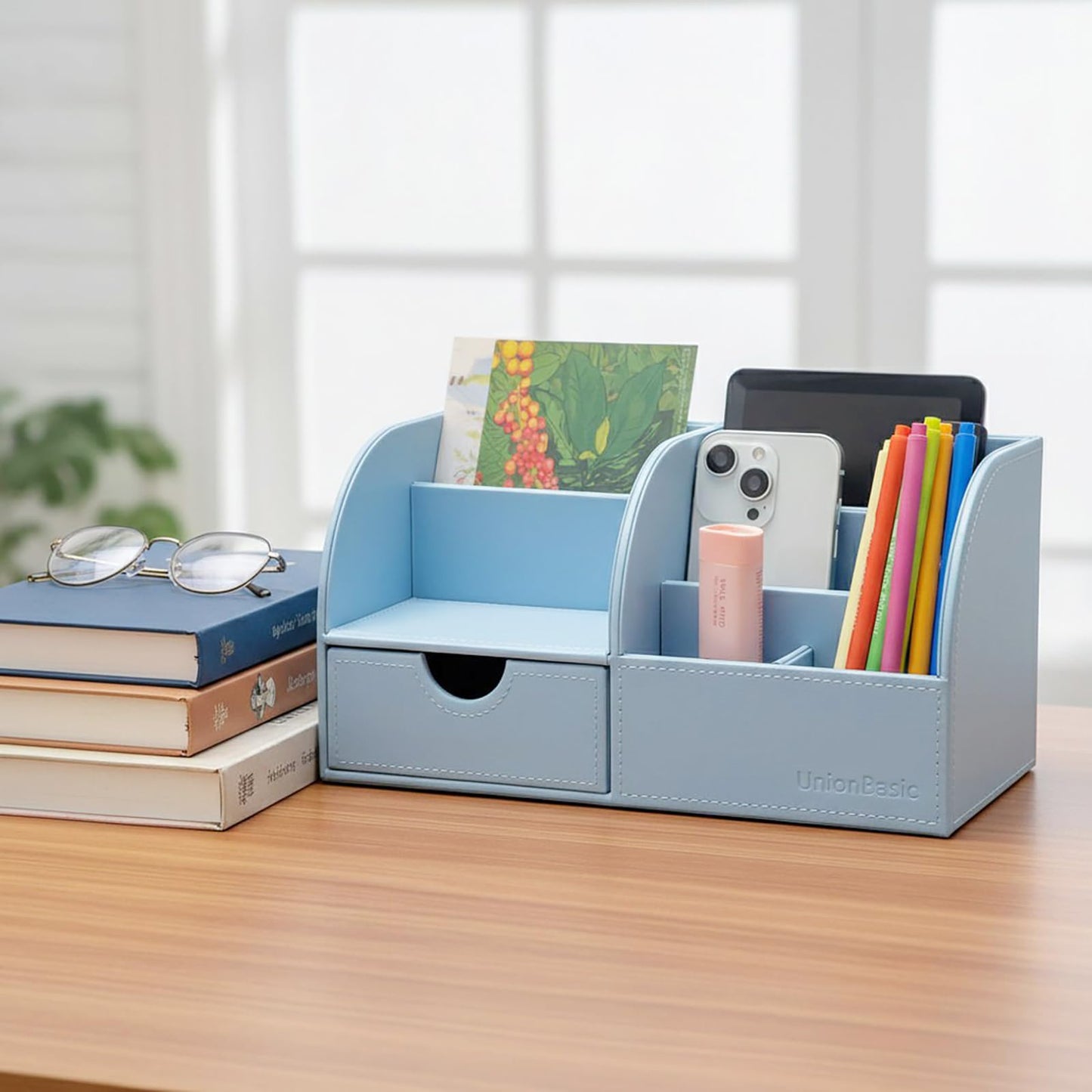 UnionBasic Desk Organizer - Multifunctional Leather Desktop Pen Holder Storage Box - Business Card/Pen/Pencil/Mobile Phone/Stationery Holder, Blue