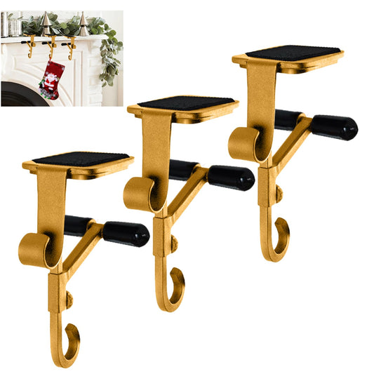 ATRGDUE Fireplace Stocking and Garland Hanger with Two Hooks,Adjustable Mantle Holder- Hold Christmas Decoration and Hang Garland-No Drill,Durable Wrought Iron Holds Up to 20 lbs(3Pcs,Gold)