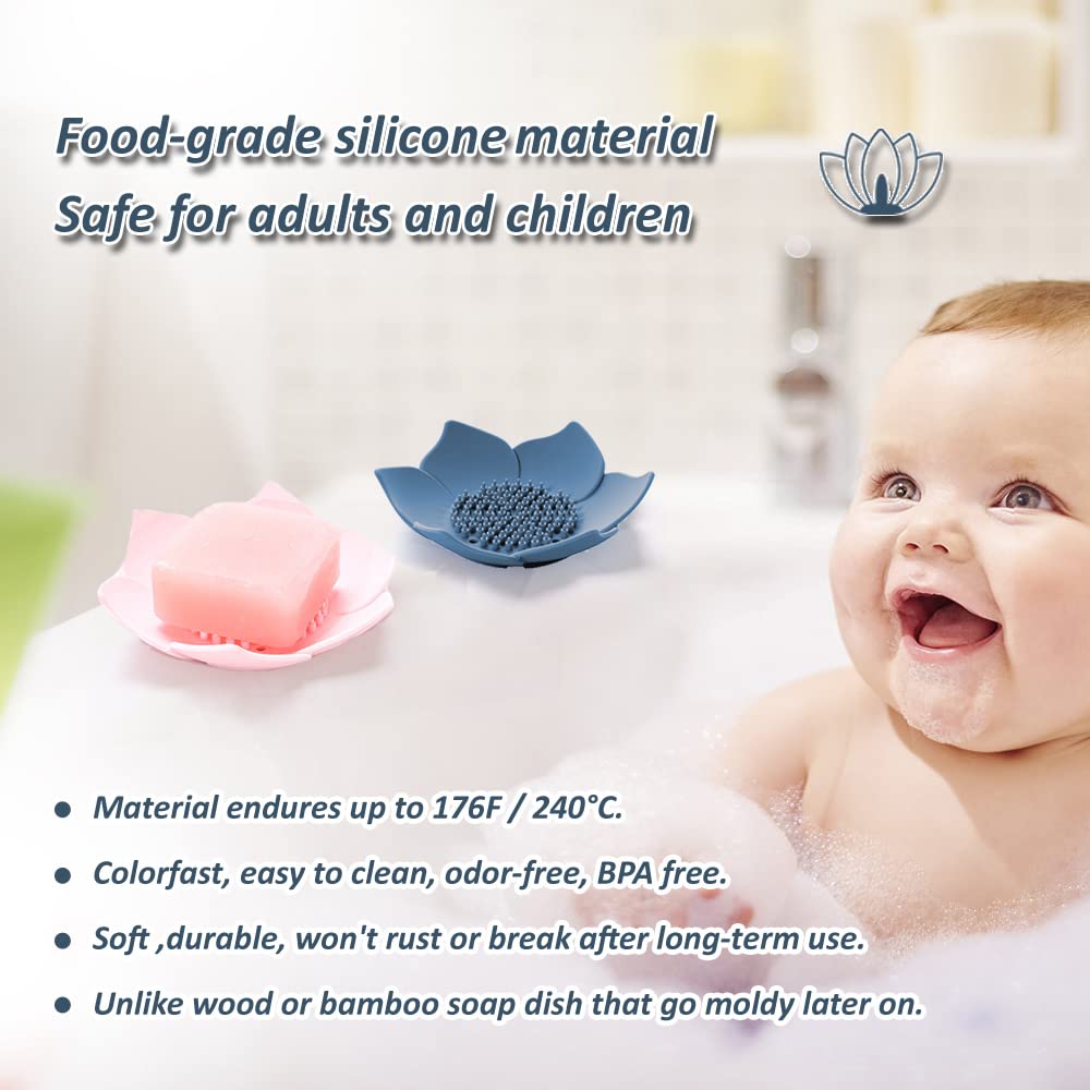 Soap Dishes with Draining, Bathroom Bar Soap Holder for Shower, Soap Tray for Kitchen Sink, Silicone Flower Shape Soap Saver for Counter, Bathtub. Extend Soap Life, Easy Dry (2 Pack, Pink + Blue)