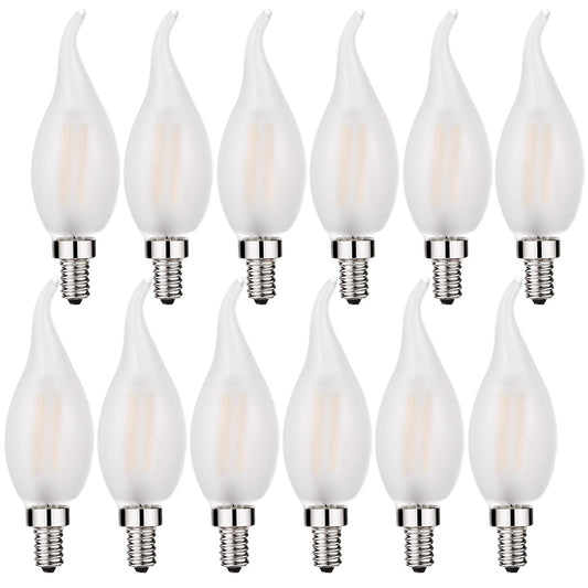 Beonllay LED Candelabra Bulb 25W Equivalent 3000K Soft White Flame tip Frosted Glass 2W LED Filament Bulb E12 Base Decoration E12 LED Bulb Dimmable 12 Pack