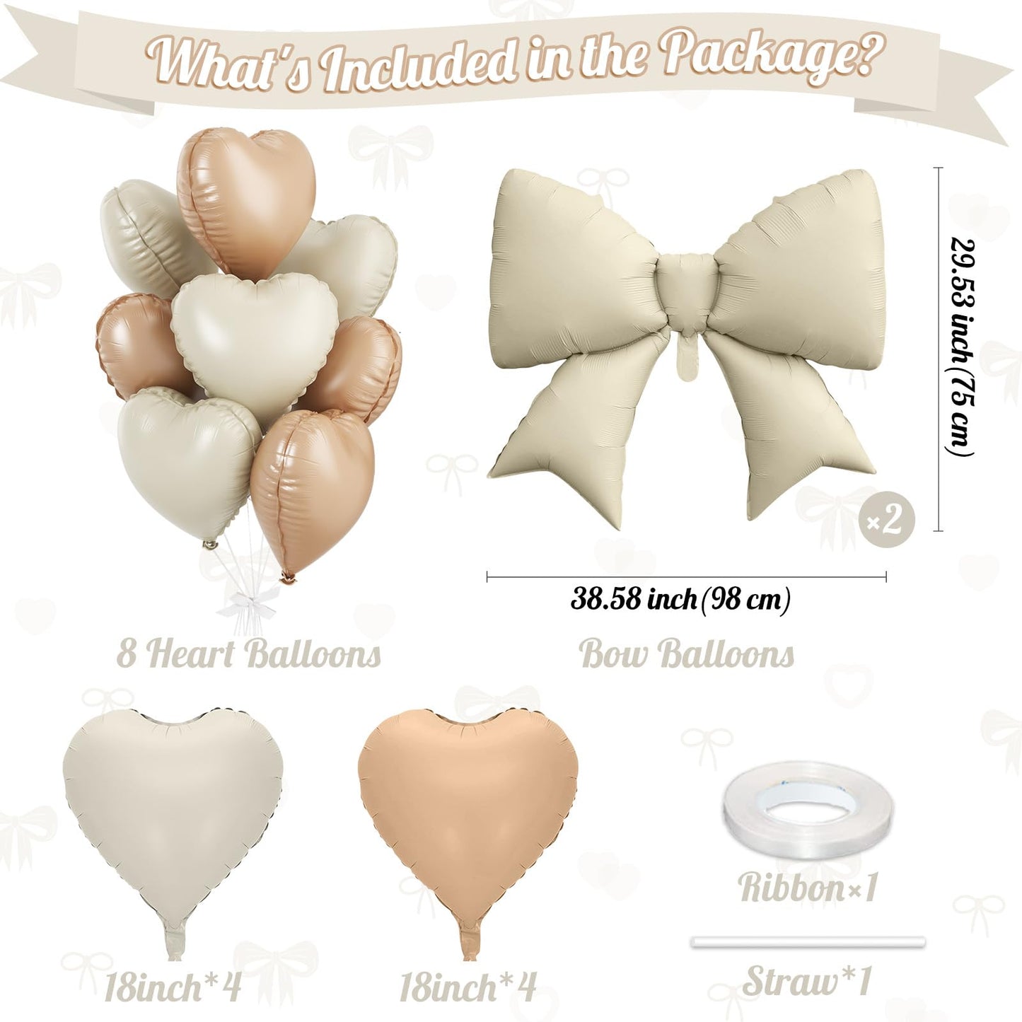 Cream Heart Balloons, Bow Party Decorations with 10Pcs 18 Inch Beige Heart Shaped Balloon, 38 Inch Helium Cream Bow Balloon for Birthday Valentines Engagement Baby Shower Bridal Wedding Party Decor