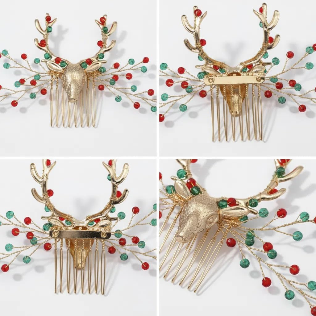 Reindeer Antler Hair Comb with Red Green Beads Gold Christmas Antler Side Comb for Women Cute Xmas Headpiece Red Bridal Accessories for Wedding Birthday Festive Party