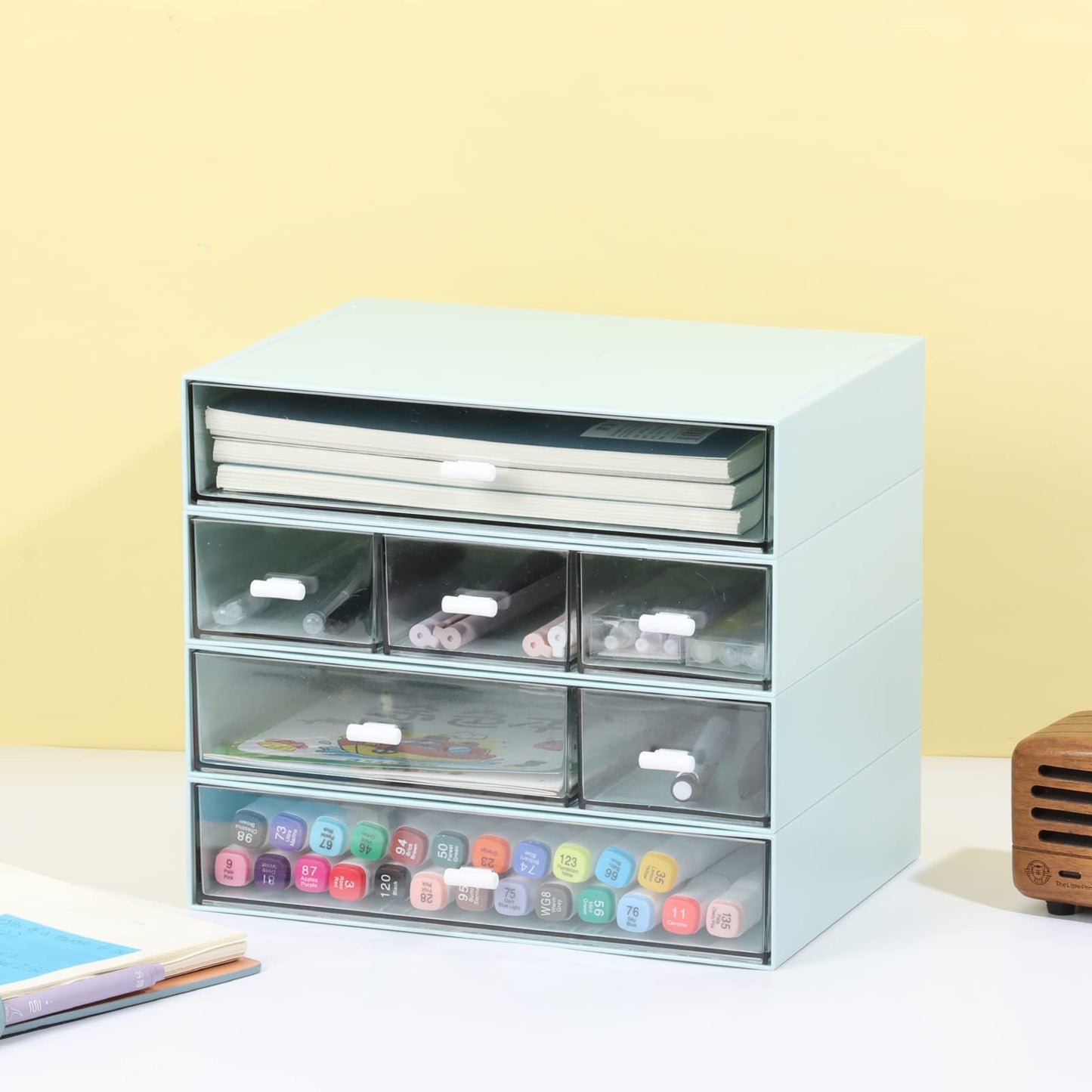 OSteed Desk Craft Organizer and Storage with 7 Flat Drawers, Stackable Plastic Desktop Accessories & Workspace Organizer for Office Stationary, Makeup Skincare, Sanitation Supplies, Blue