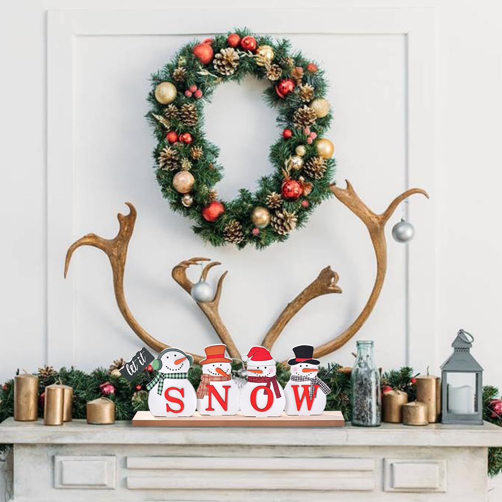 IDATOO Christmas Snowman Decorations, Wooden Snowman Block, Merry Christmas Sign, Rustic Let It Snow Winter Xmas Decor, Festive Holiday Centerpiece for Table Mantel Tiered Tray (Let it snow)