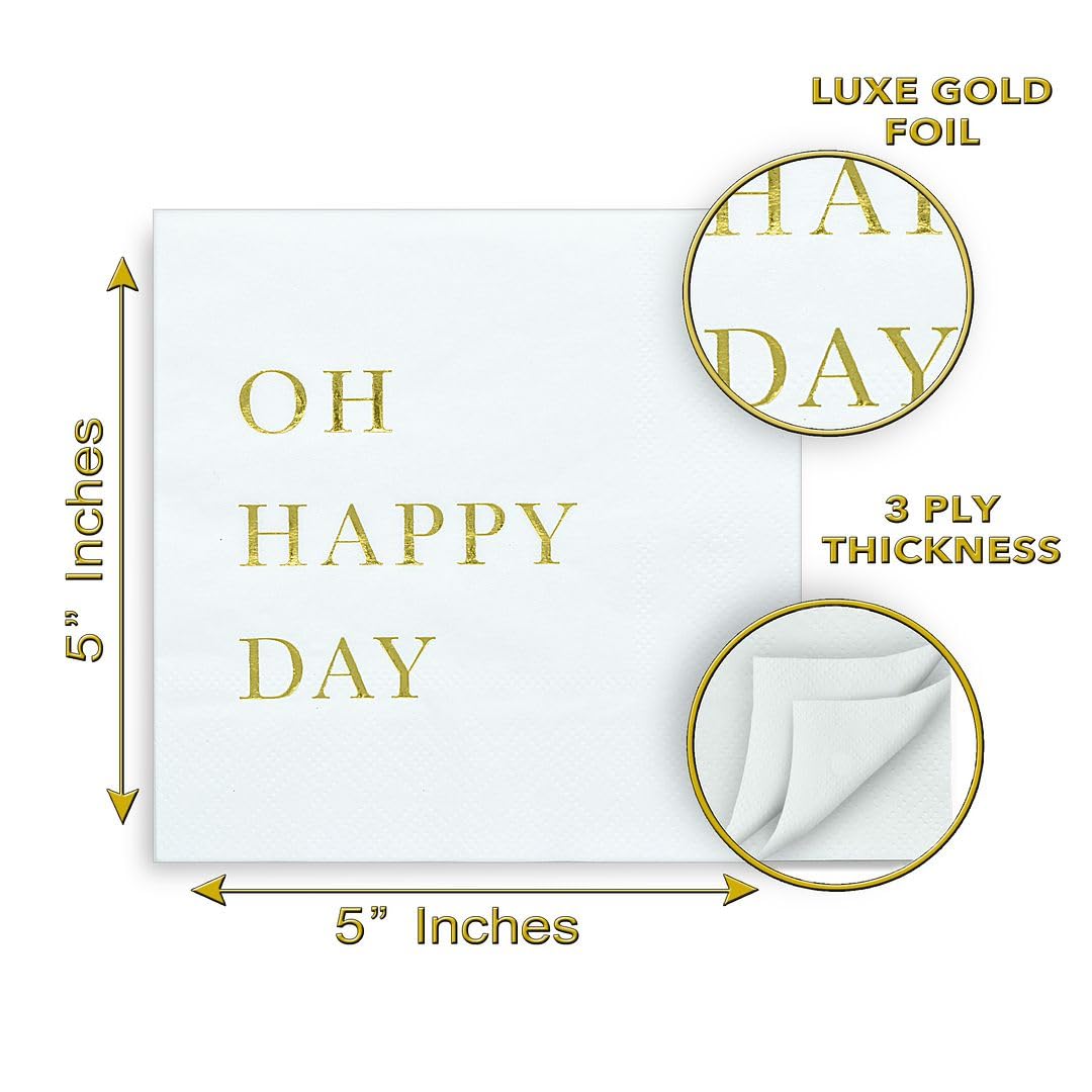 Oh Happy Day Cocktail Napkins - Gold Foil 3-Ply Disposable Napkins for Weddings, Engagements, Bridal Showers, Baby Showers, Birthdays, Anniversaries & Happy Celebrations