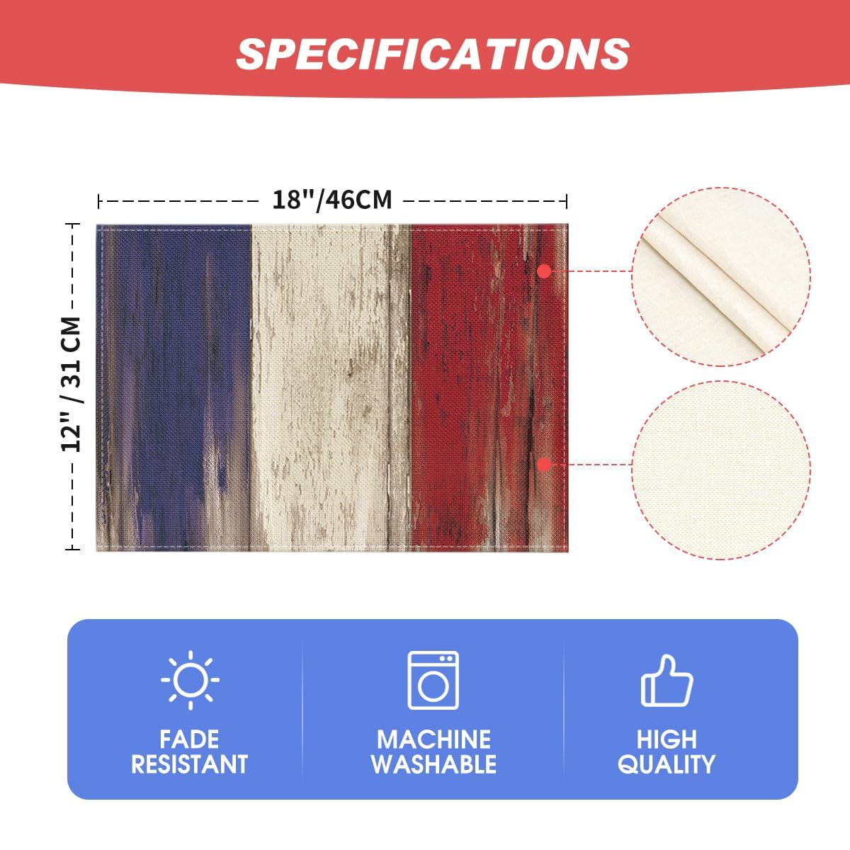 Artoid Mode Wood Style Stripes 4th of July Placemats Set of 4, 12x18 Inch Memorial Day Patriotic Table Mats for Party Kitchen Dining Decoration