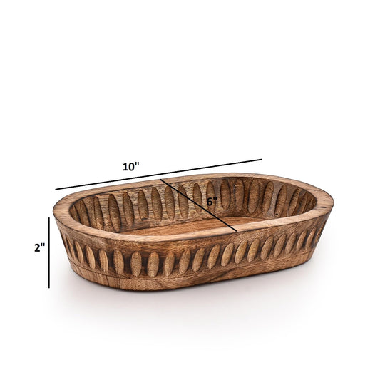 Kaizen Casa Decorative Bowl Mango Wood for Home Decor, Unique Centerpiece Bowl, with Hand Carved Vertical Stripes for Home Decor, Bathroom, Kitchen Counter, & More (10" x 6" x 2")