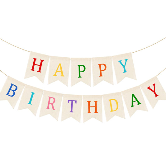 Doumeny Happy Birthday Burlap Banner Boho Birthday Garland Banner Rainbow Bohemian Bunting Garland White Birthday Hanging Bunting Multicolor Birthdays Sign Party Flag for Home Mantel Fireplace Nursery