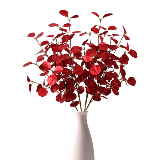 siqifloral 4pcs 23.62" Realistic Red Artificial Leaves – Faux Red Eucalyptus Stems for Vase Decoration, Rustic Farmhouse & Christmas Table Centerpiece
