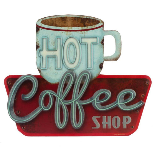 Hot Coffee Shop Embossed Metal Sign - Vintage Diner Sign for Kitchen, Office, or Coffee Bar