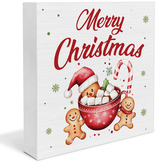 Christmas Sign Decor, Vintage Gingerbread Decorations, Merry Christmas Wooden Decorative Sign Home Decor for Desk Table Shelf 5 x 5 Inches