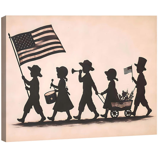 RIBNTAK Vintage Kids Patriotic Parade Wall Art for Kids Room, American Flag Silhouette Poster for Home Office Decor, 4th of July Pictures Wall Decor, Unique Independence Day Canvas Prints