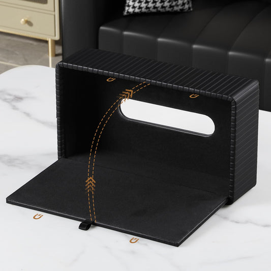 NICLNGSH PU Leather Short Tissue Box Cover Rectangle, Small Tissue Box Holder with Magnetic Closure, Decorative Rectangular Tissue Holder for Bathroom Car Office (Black)
