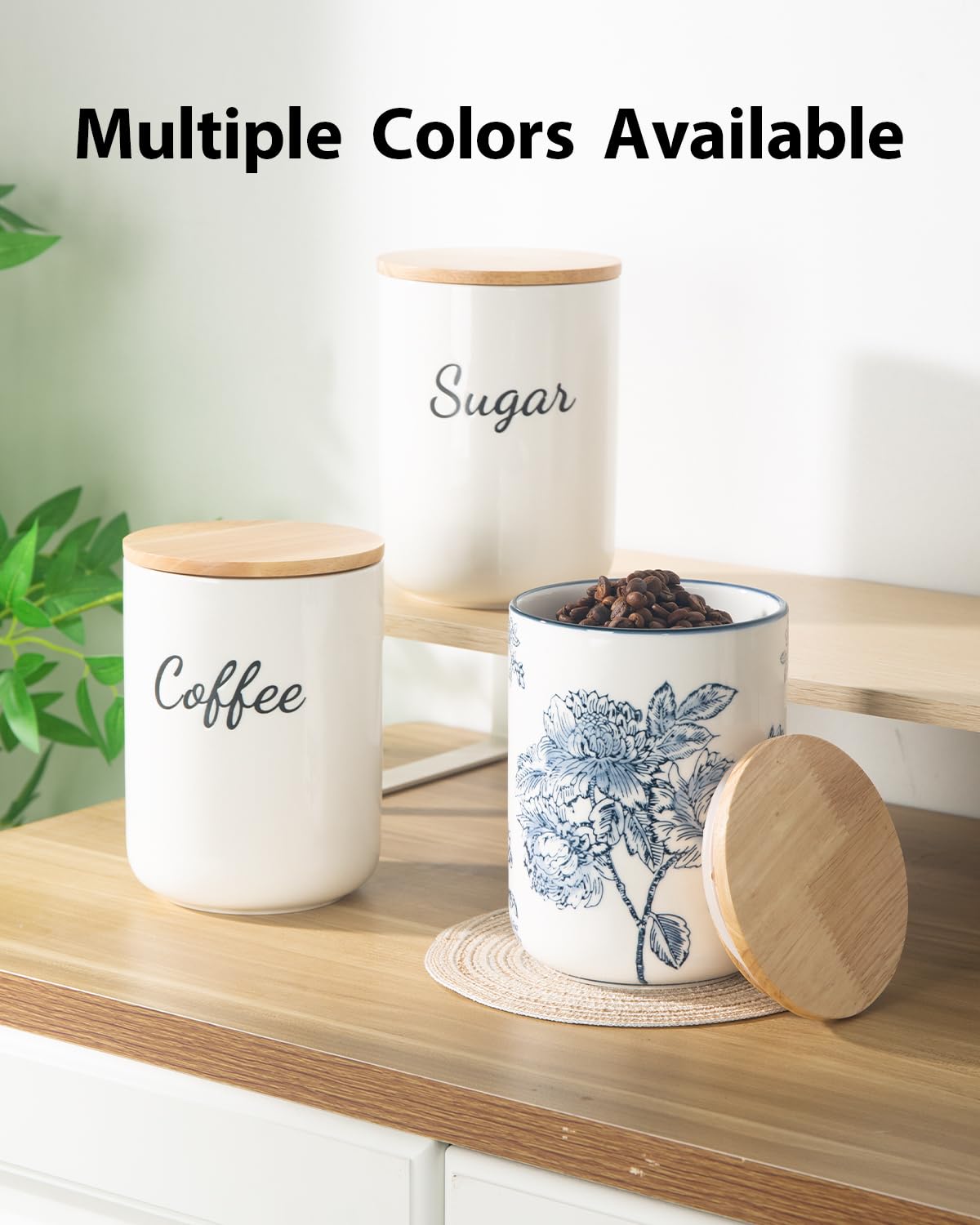 Magclay Ceramic Food Storage Container with Lid, 40 Oz Large Coffee Container, Sugar Canister, Blue and White Patterns, Flowers and Branches
