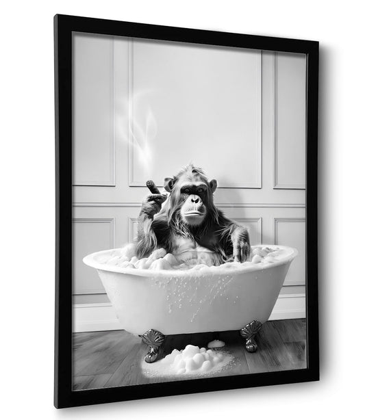 Framed Bathroom Decor Wall Art, Chimpanzee in Bathtub, Black and White Wall Art, Funny Bathroom Wall Decor Signs, Cute Animal Art Home Decor (Framed,8''x10'')