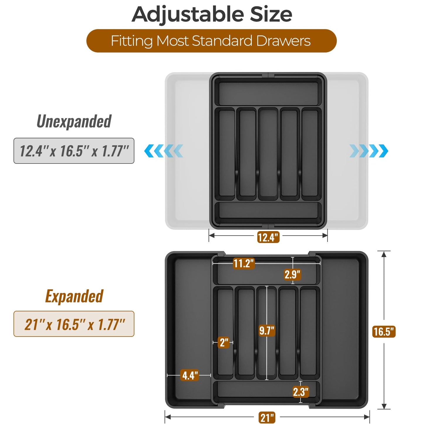 ukeetap Extra Large Expandable Silverware Organizer, BPA-Free Food-Safe Cutlery Flatware Organizer, Kitchen Utensil Drawer Organizer, Adjustable Silverware Holder for Spoons Forks Knives, Black