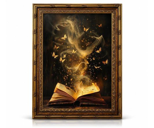 UhiSun Vintage Magical Book Butterflies Wall Art,Dark Academia Canvas Print Poster Painting,Gold Magical Book Butterfly Aesthetic Picture Wall Decor,8x10 Inches
