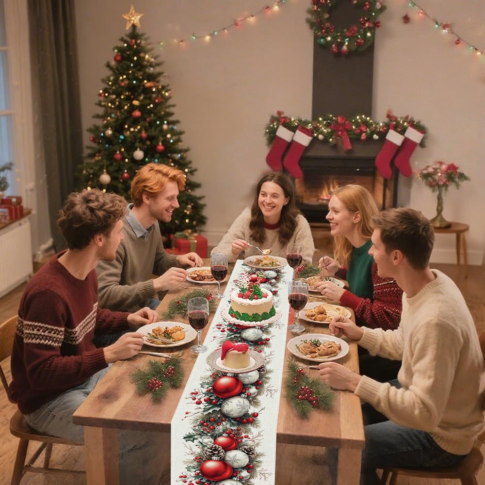 Christmas Table Runner, Seasonal Winter Kitchen Table Decoration, Suitable for Winter Christmas Family Gathering Indoor 13x72 inches (13x72 inches, Red and White Bell)