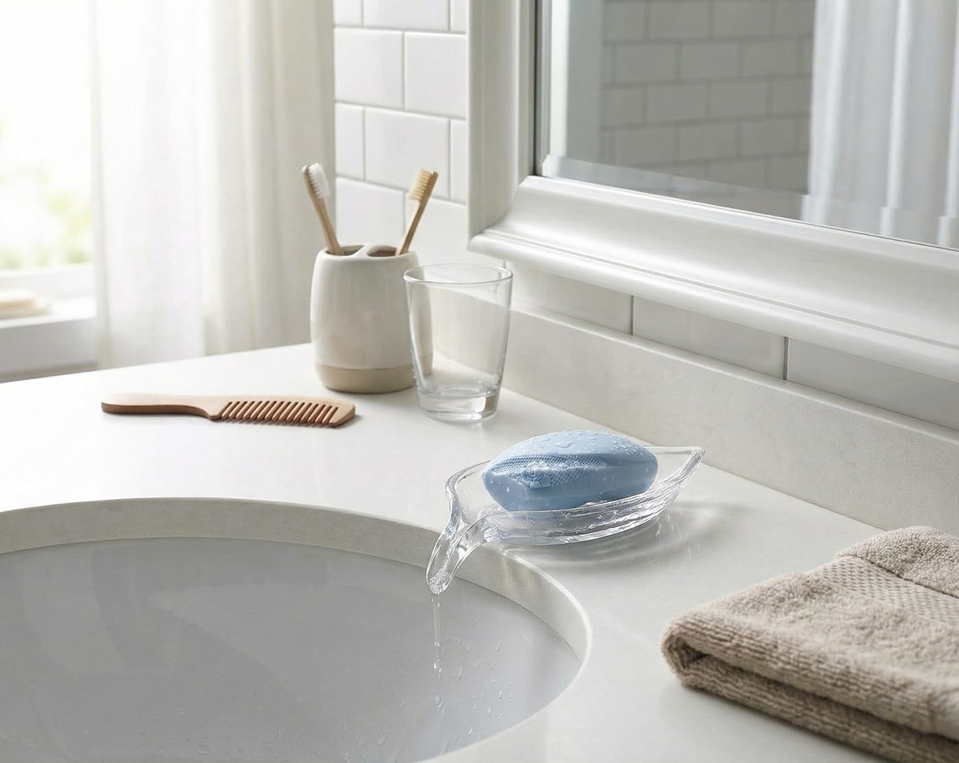 NEWHENGS Self Draining Decorative Leaf Shape Clear Glass Bar Soap Dish, Heavy Soap Holder for Bathroom, Sink and Kitchen