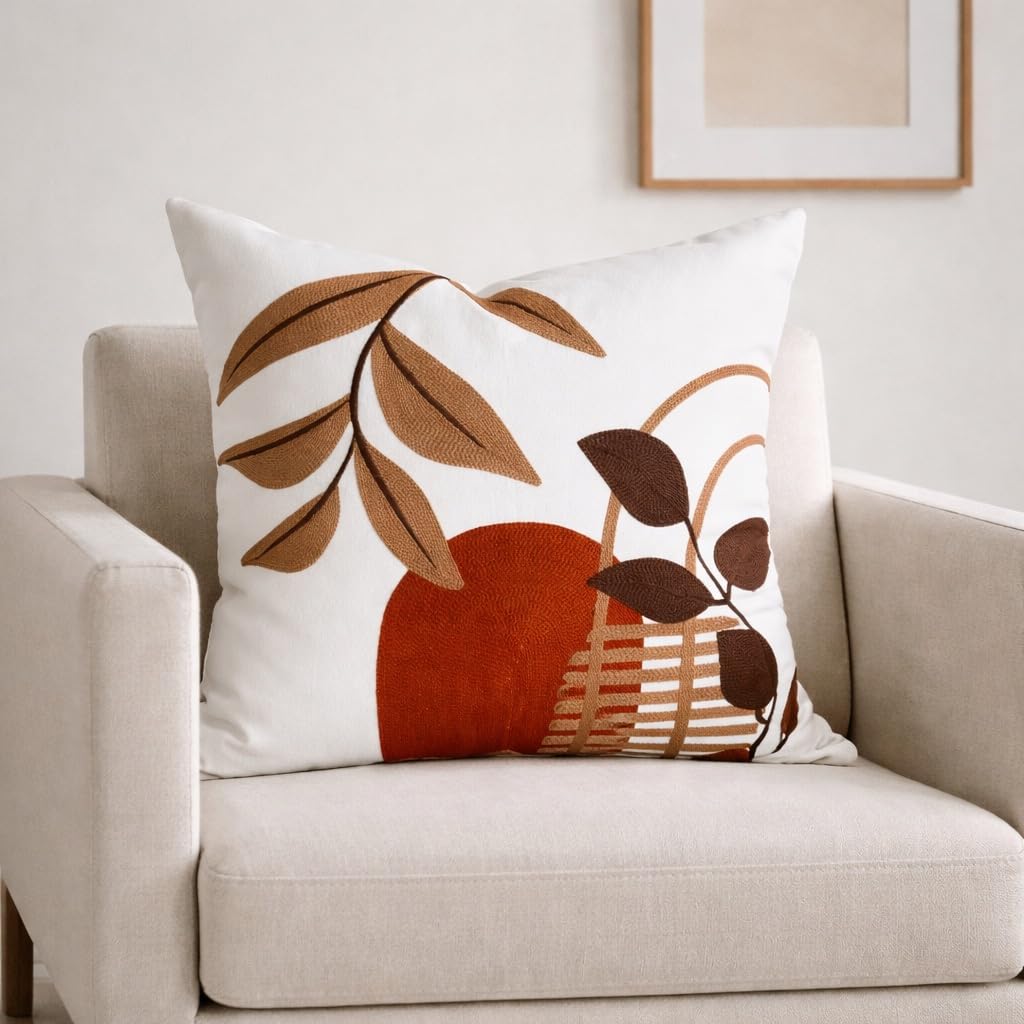 AYAY Decorative Velvet Throw Pillow Cover 18x18 Inch – Off White with Brown & Rust Embroidered Abstract Design, Warm Neutral Boho Accent Cushion, Hidden Zipper, Cover Only