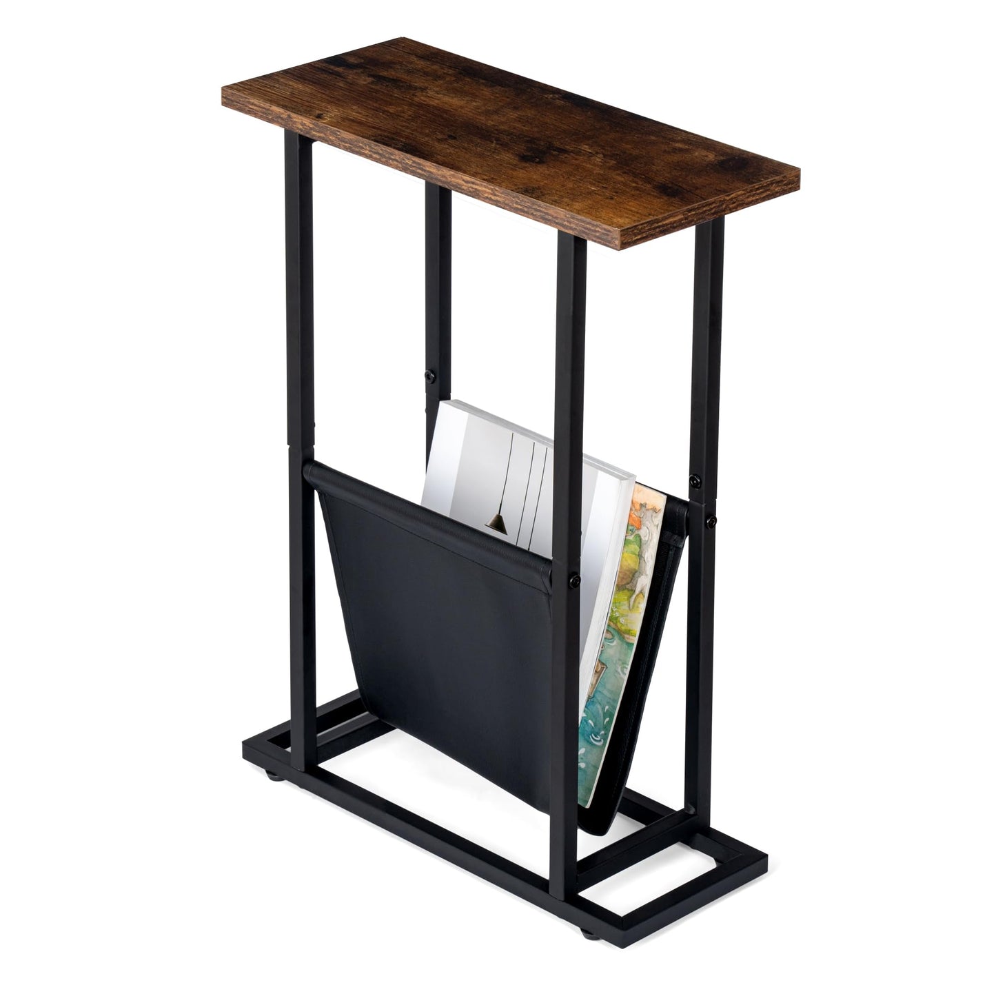FLYJOE Narrow Side Table with PU Leather Magazine Holder Rustic Slim Little Thin Table for Living Room, Bedroom, Sofa, Rustic Brown