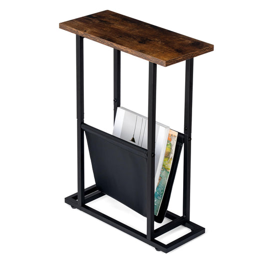FLYJOE Narrow Side Table with PU Leather Magazine Holder Rustic Slim Little Thin Table for Living Room, Bedroom, Sofa, Rustic Brown