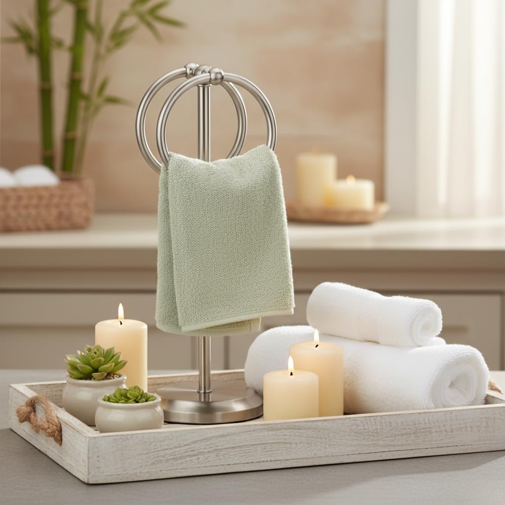 J&V TEXTILES Steel Towel Rack Holder Stand with 2 Hanging Rings for Bathroom Vanity Countertops - Space Saving Hand Towel Holder (Brushed Satin Nickel)