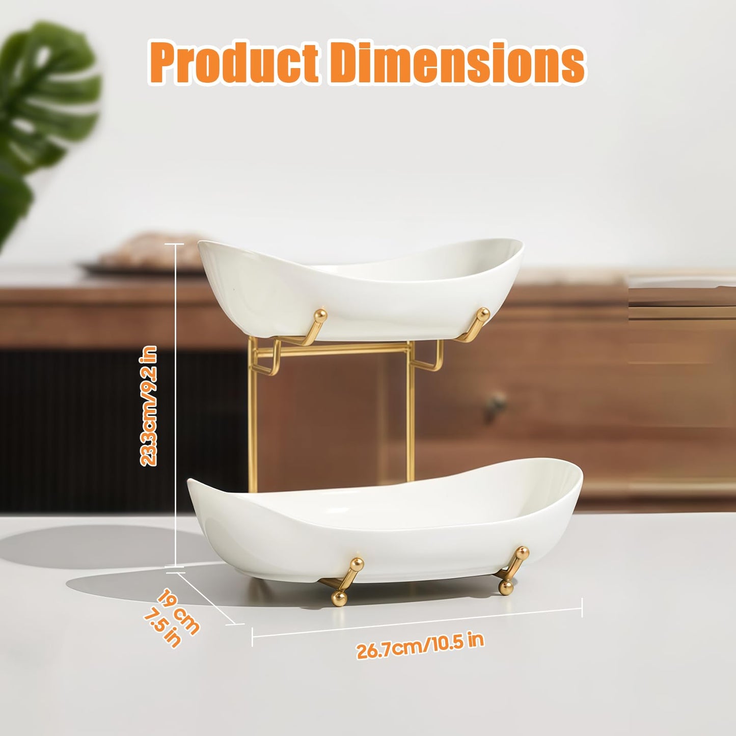 HOMKULA 2 Tier Ceramic Fruit Bowl for Kitchen Counter, Tiered Fruit Basket for Countertop, Modern Multi Layer Fruit Display Stand for Party, Cute (Gold&White, Small) 1