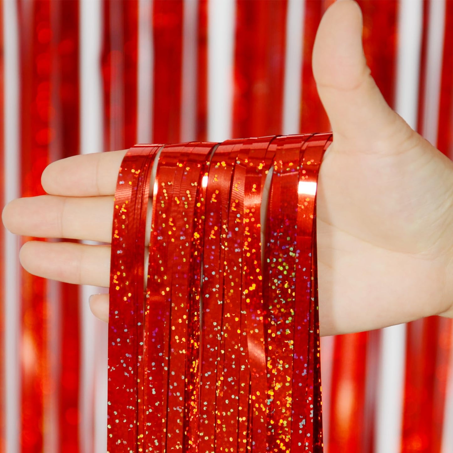 Red Tinsel Curtain Backdrop for Party Decorations - Sparkle Foil Tinsel Fringe Curtains Photo Backdrop Booth (3.2ft x 8ft, 2 Packs)