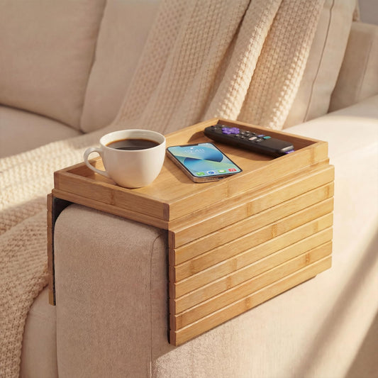 B-Zefyrn Sofa Arm Tray, Foldable Bamboo Couch Armrest Table with Large 12.5" x 5.8" Storage Compartment, Portable Chair Couch Caddy Arm Tray for Cup TV Snacks Phone Remote Anti-Slip Bottom