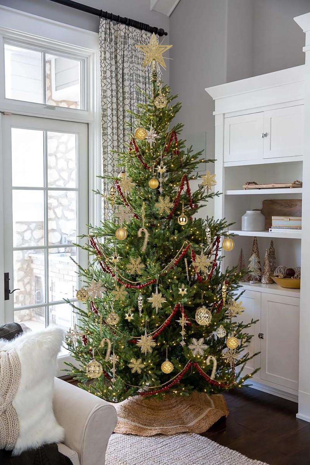 Briful 80ct Gold Christmas Balls Ornament Set, Plastic Shatterproof Christmas Ornament Balls with Tree Topper Candy Canes Snowflakes for Xmas Tree Wreath Garland Decor