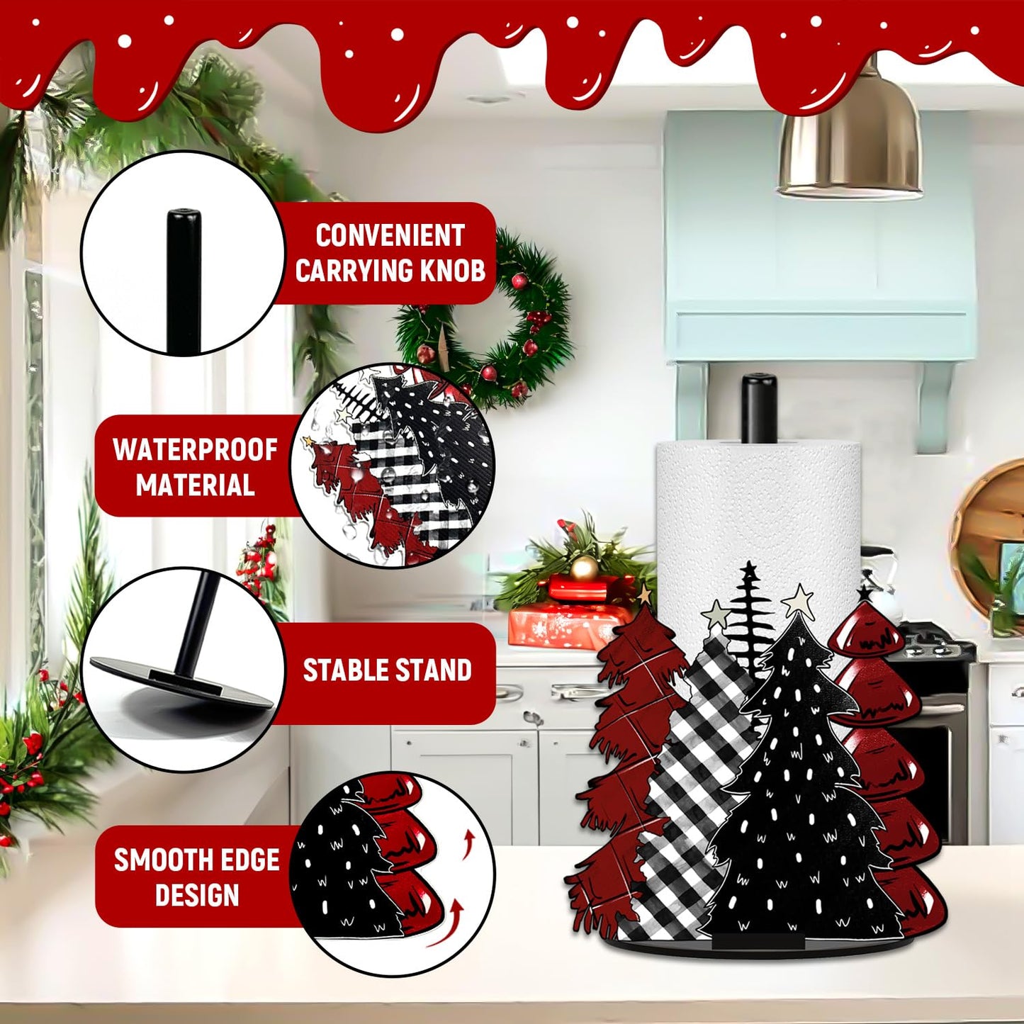 Christmas Paper Towel Holder, Red Truck Christmas Decor, Buffalo Plaid Christmas Tree Towels Paper Holder for Kitchen Countertop Bathroom Home Farmhouse, Winter Holiday Decoration Replaceable 2 Panels