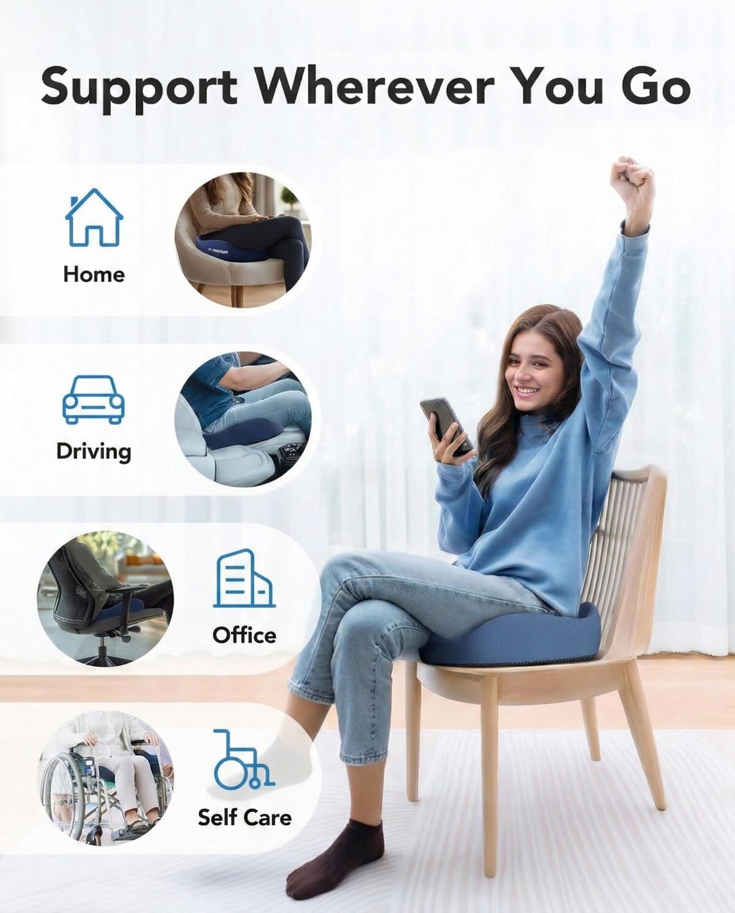 HUANUO Ergonomic Seat Cushion for Office Chair, Extra Large Car Seat Cushion, Tailbone and Back Support, Cooling Gel Enhanced, 4-Zone Pressure Relief Chair Cushions for Office, Car, Wheelchair