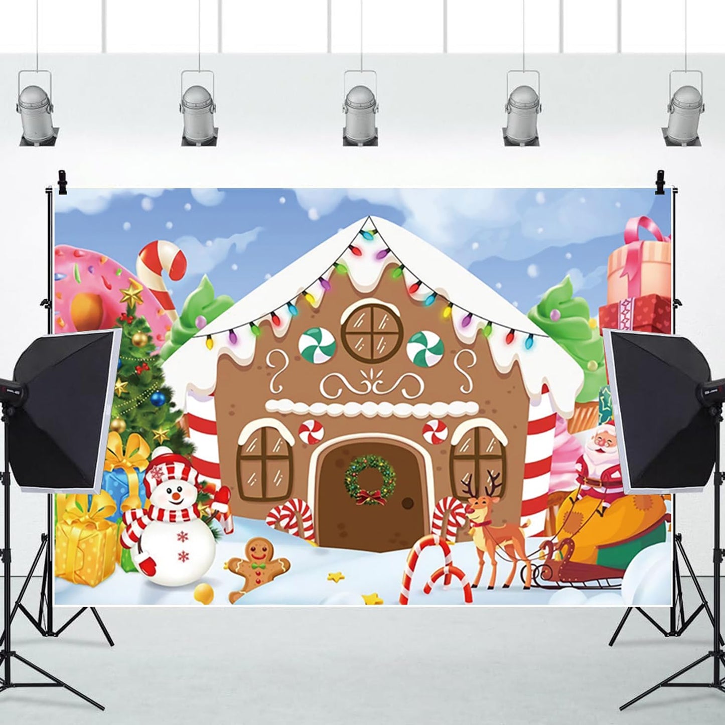 CRTPOD Christmas Backdrop Winter Gingerbread House Xmas Tree Snowman Gifts Background New Year Photography Banner for Birthday Christmas Party Decorations Supplies Photo Photobooth Props 7x5ft