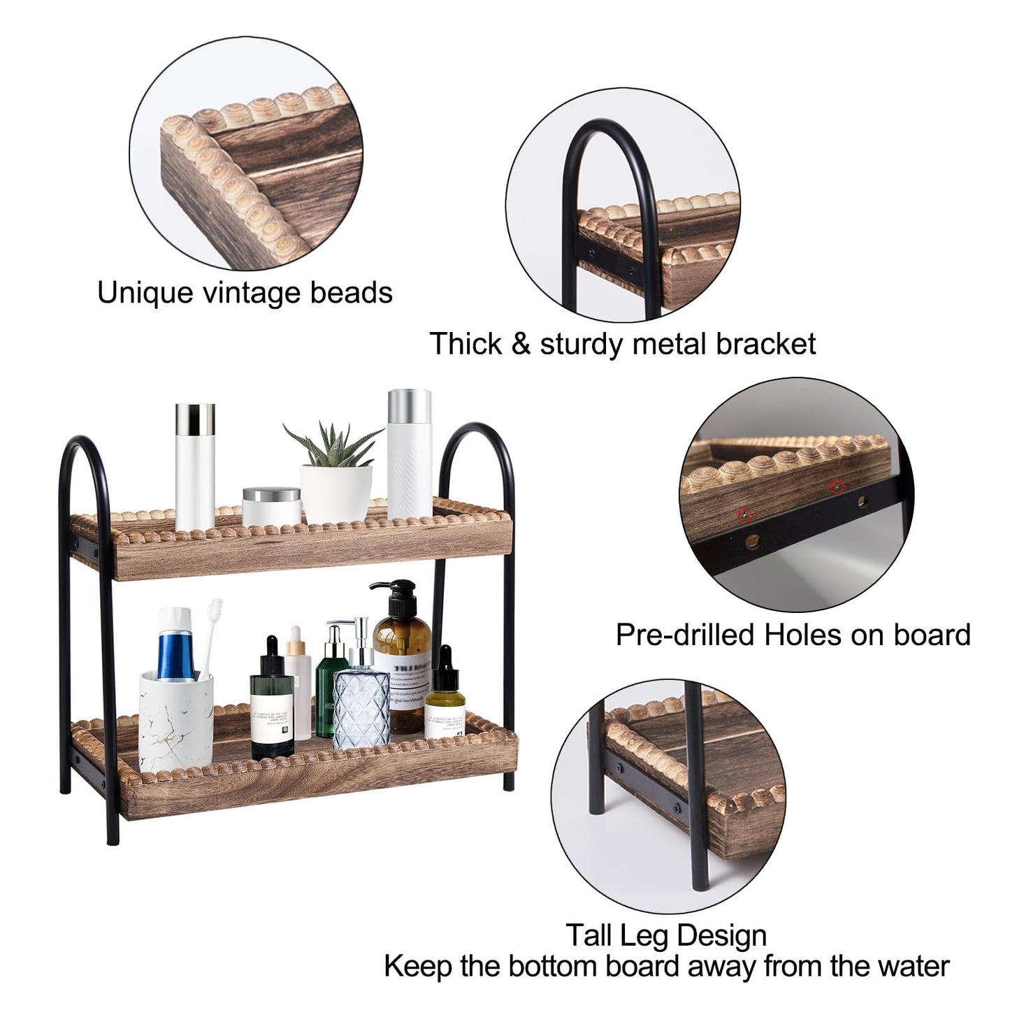 BDBDYEAY Bathroom Countertop Organizer, 2 Tier Vanity Organizer and Storage for Cosmetic Skincare Perfume, Wood Bead Storage Shelf for Bathroom Kitchen Coffee Station
