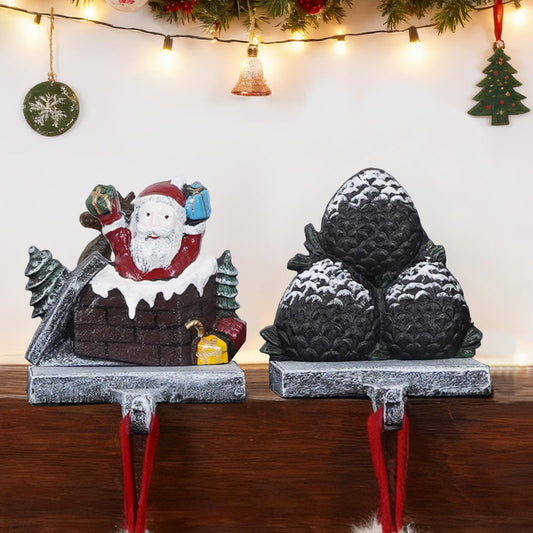 IGOHEALS Stocking Holders for Mantle – 3D Christmas Stocking Holder Heavy Duty Cast Iron Garland Hangers for Mantel with Non-Slip Base | Xmas Decor, Sturdy Fireplaces Hook (Pine Cone and Santa)
