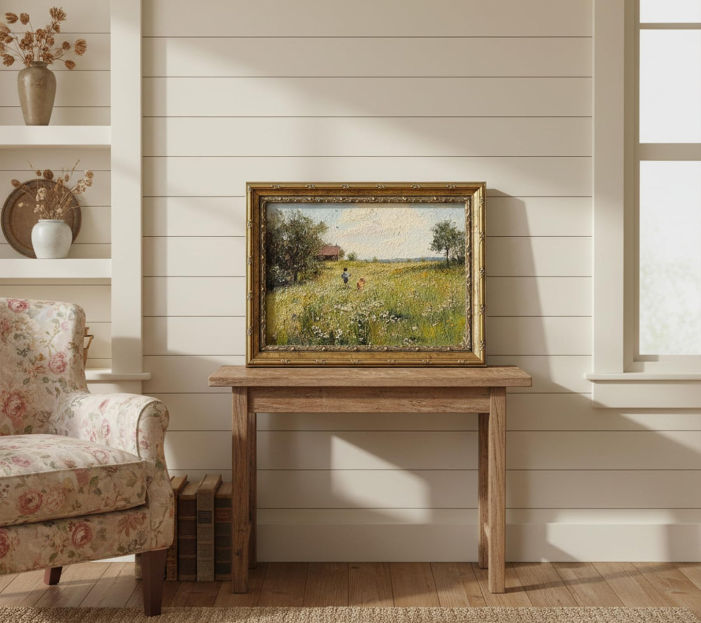 Gold Framed Vintage Country Canvas Wall Art 3D Textures Boy and Dog Running in Flower Field Painting Picture Farmhouse Landscape Wildflower Print Wall Decor for Bedroom Living Room Decoration 9x11in