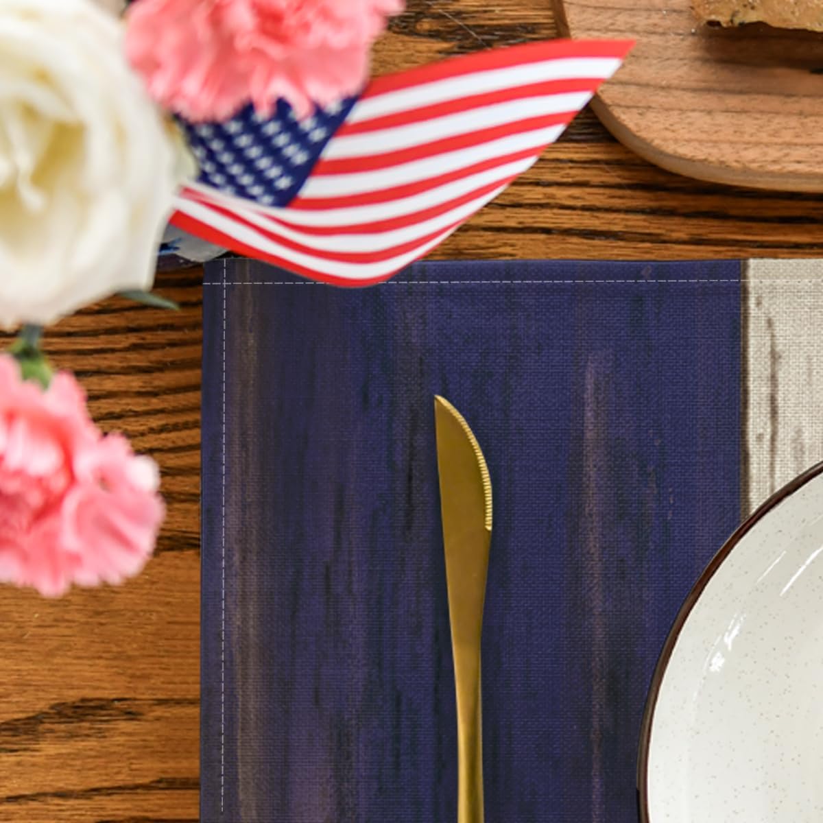 Artoid Mode Wood Style Stripes 4th of July Placemats Set of 4, 12x18 Inch Memorial Day Patriotic Table Mats for Party Kitchen Dining Decoration