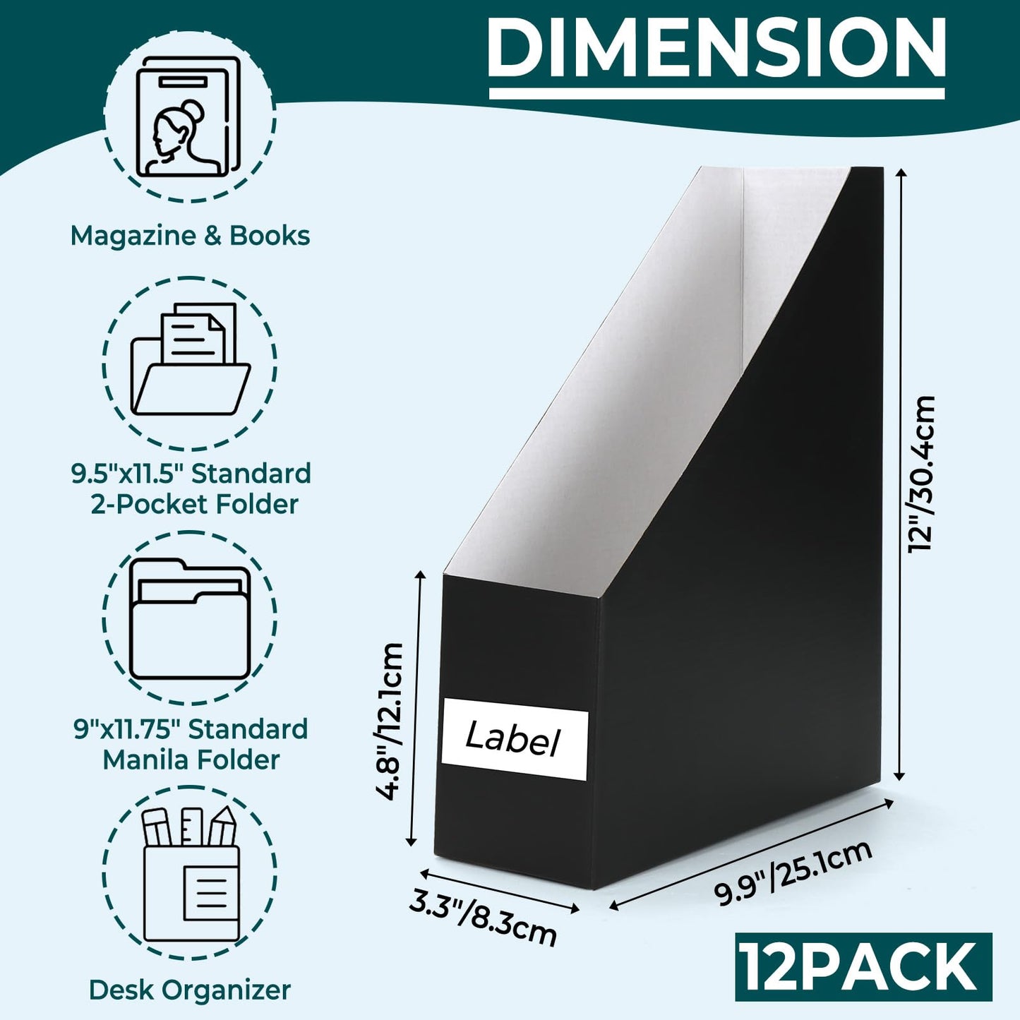 EXYGLO 12 Pack Black Magazine File Holder, Cardboard Magazine Rack with Label, Foldable Storage Organizer Box for Book, Documents, 9.9x3.3x12 Inches