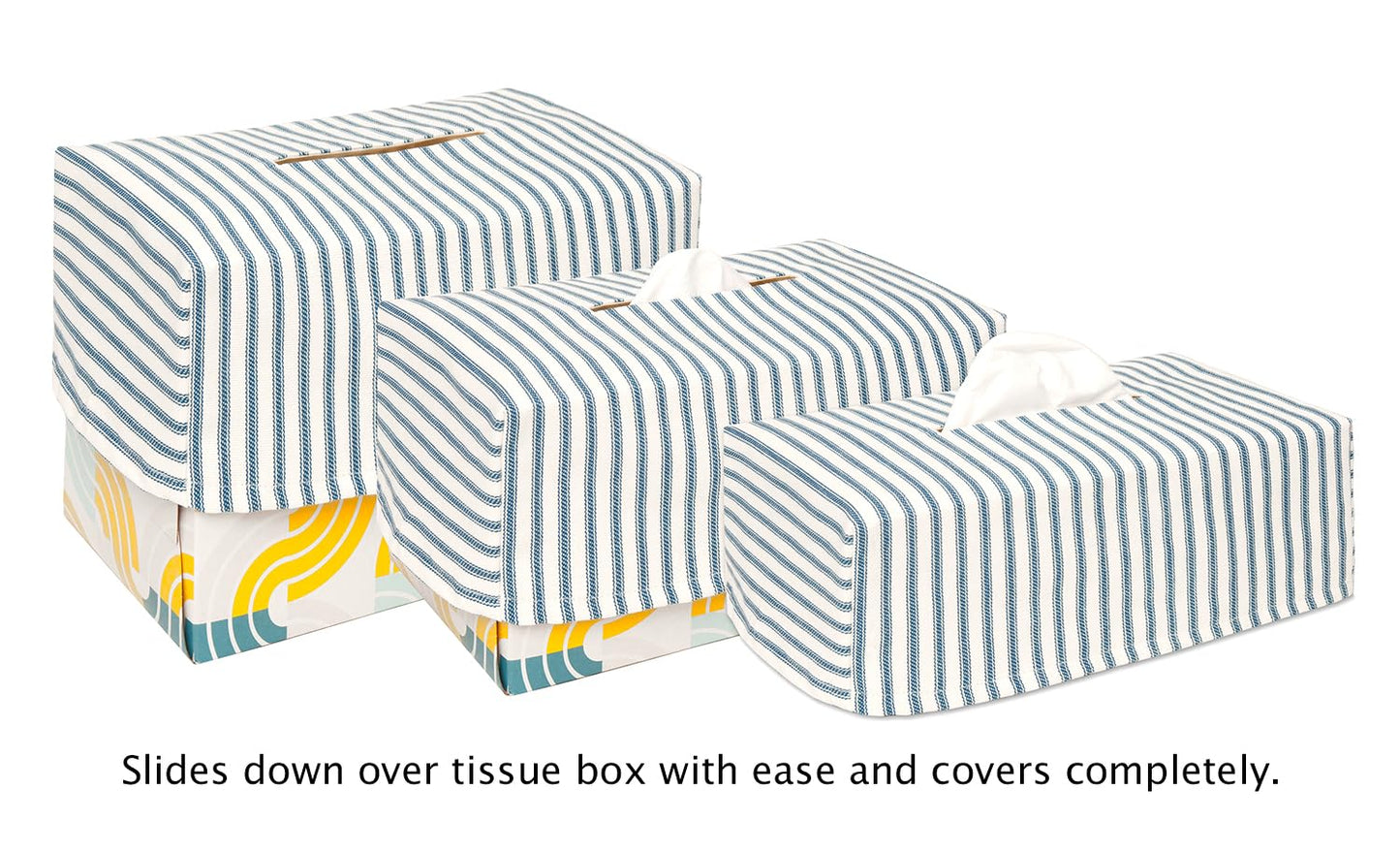 Fabric Tissue Box Cover, Tissue Holder Slipcover, Slips Over Rectangular Cardboard Facial Tissue Boxes -Decorative Blue Stripe Cotton Fabric, Made in USA