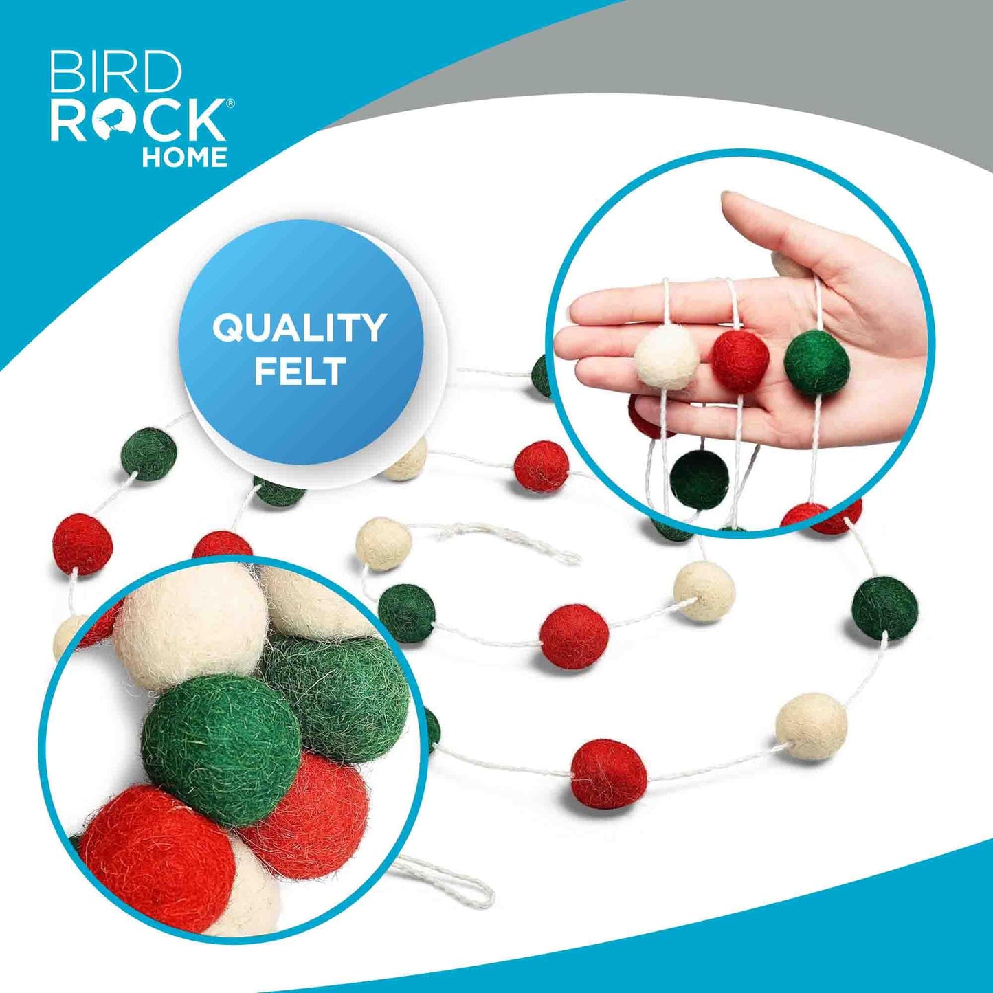 BIRDROCK HOME 3-Pack Felt Garland | 6.5ft or 78in Long Christmas Decoration with 24 Pom Pom Balls in Red, White & Green. Ideal for Trees, Fireplace Mantels, Stairs, Walls & Festive Holiday Decor Ideas