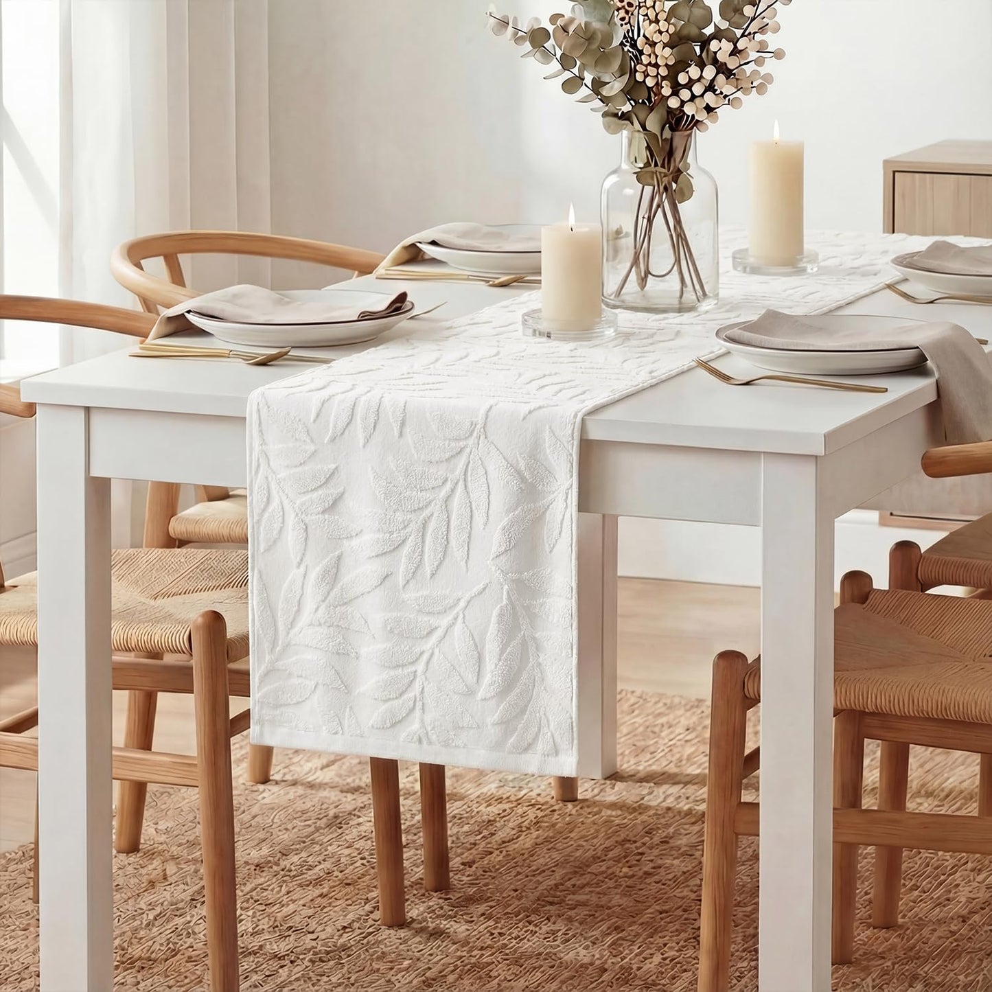 Artoid Mode White Soft Cotton Jacquard Leaves Spring Table Runner, Holiday Kitchen Dining Table Decoration for Home Party Decor 13x72 Inch