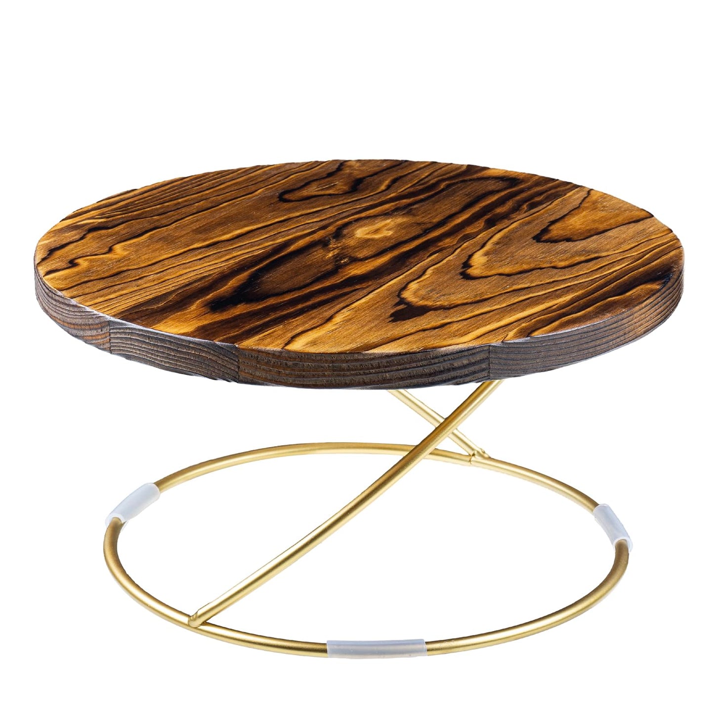MyGift 11-Inch Round Pizza Pan Pedestal Stand – Rustic Burnt Wood with Gold Tone Metal Wire Base Display Riser, Ideal for Wedding, Party, Dessert, Cake, Cupcake, and Pie Display