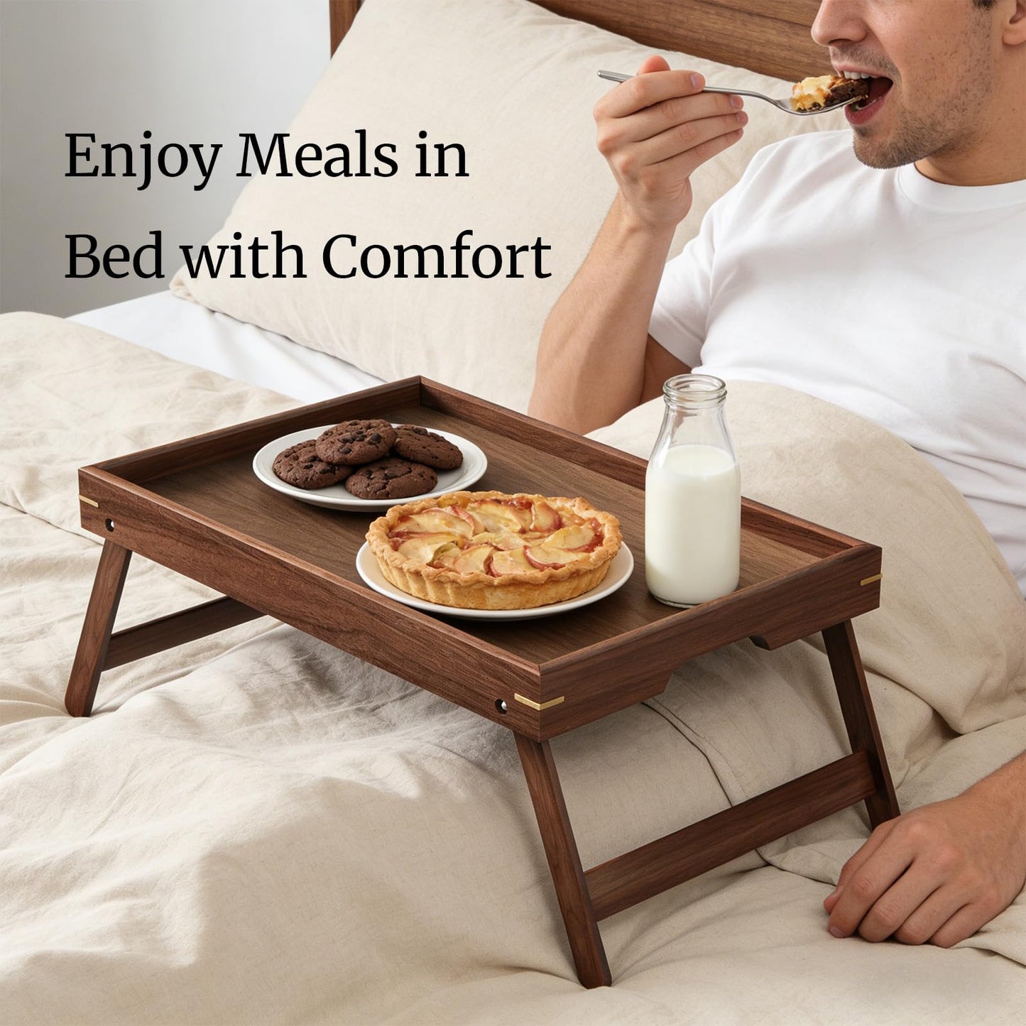 Fibogollo Walnut Wood Bed Tray Table with Folding Legs,Breakfast Trays,Serving Tray for Food and Snack,Laptop Trays for Working